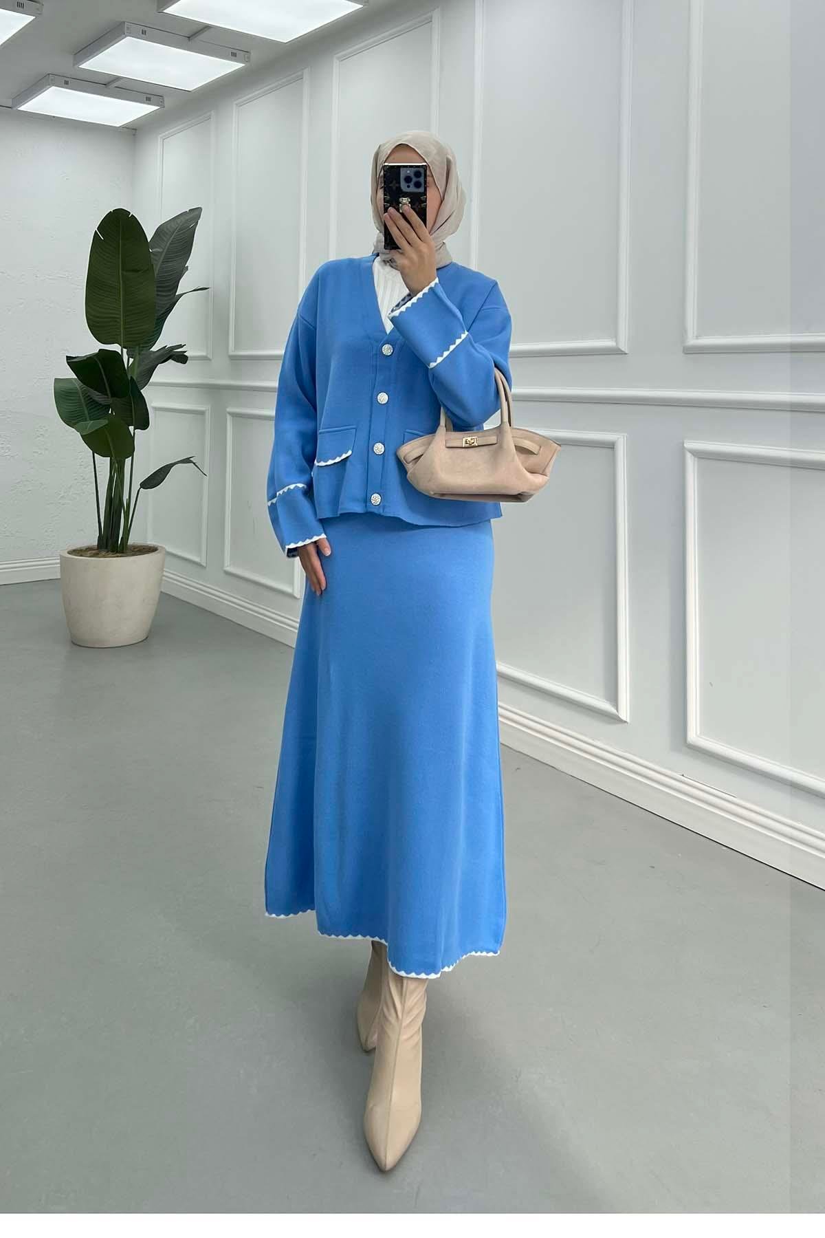 Sare Fashion Button Detailed Skirted Knitwear Suit Blue