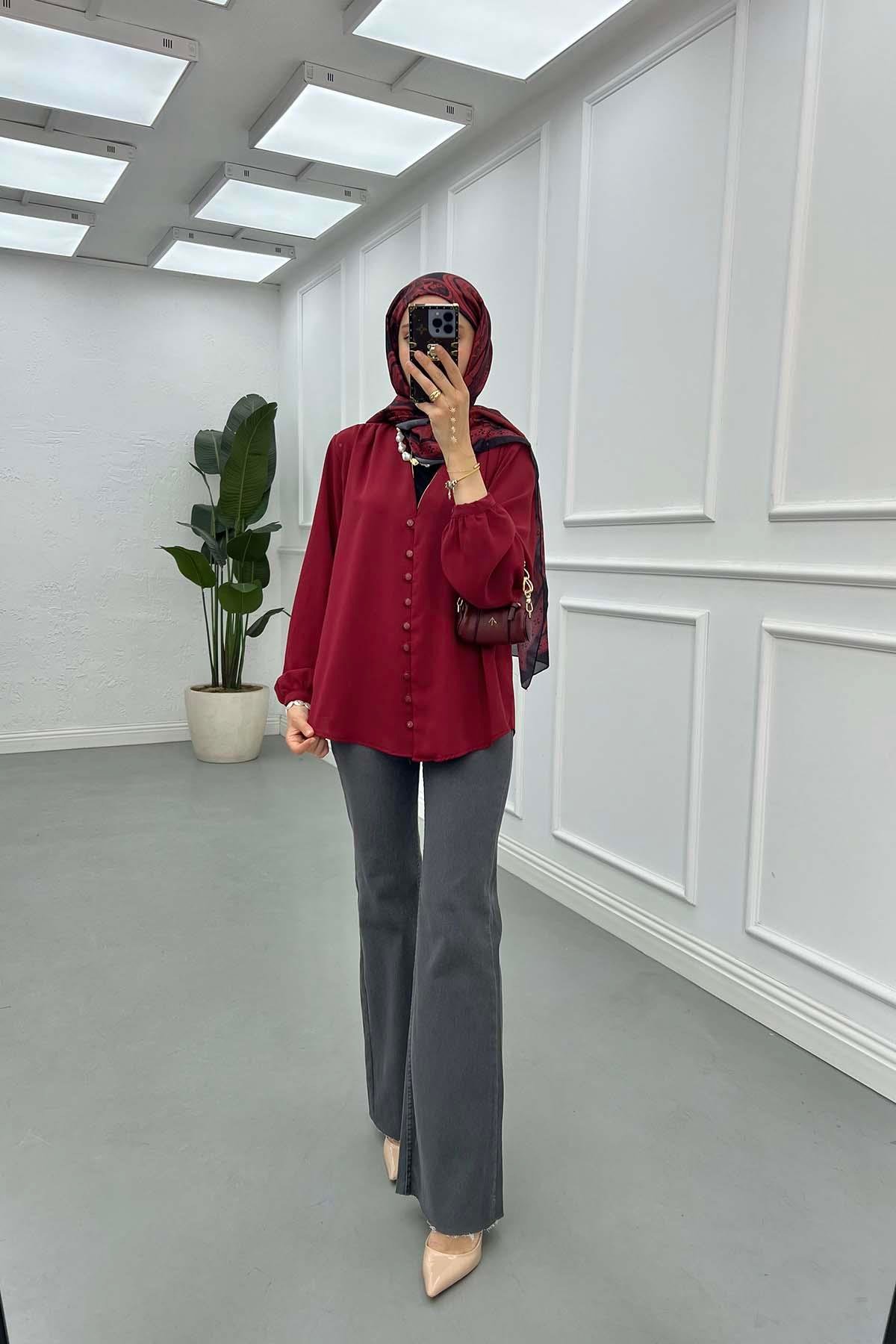 Sare Fashion Button Detailed Shirt Claret Red