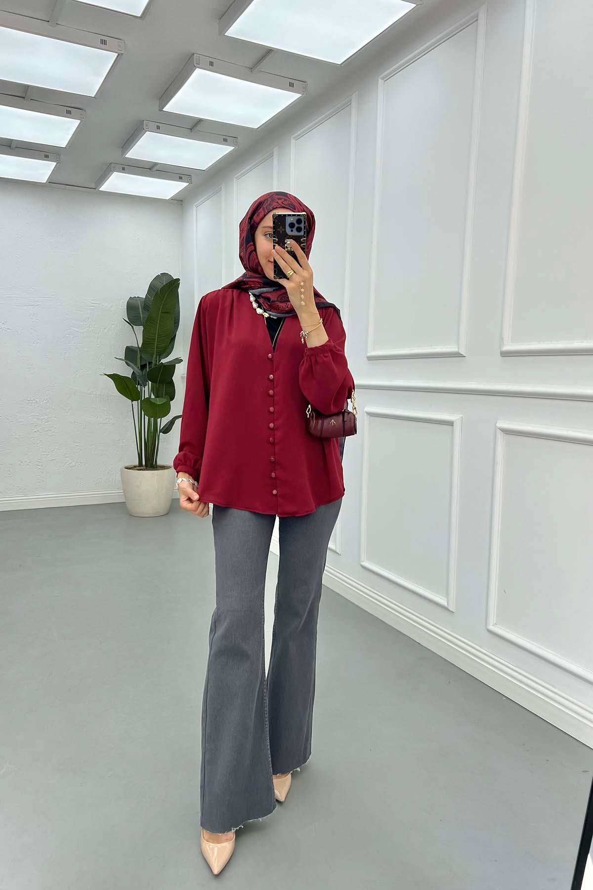 Sare Fashion Button Detailed Shirt Claret Red