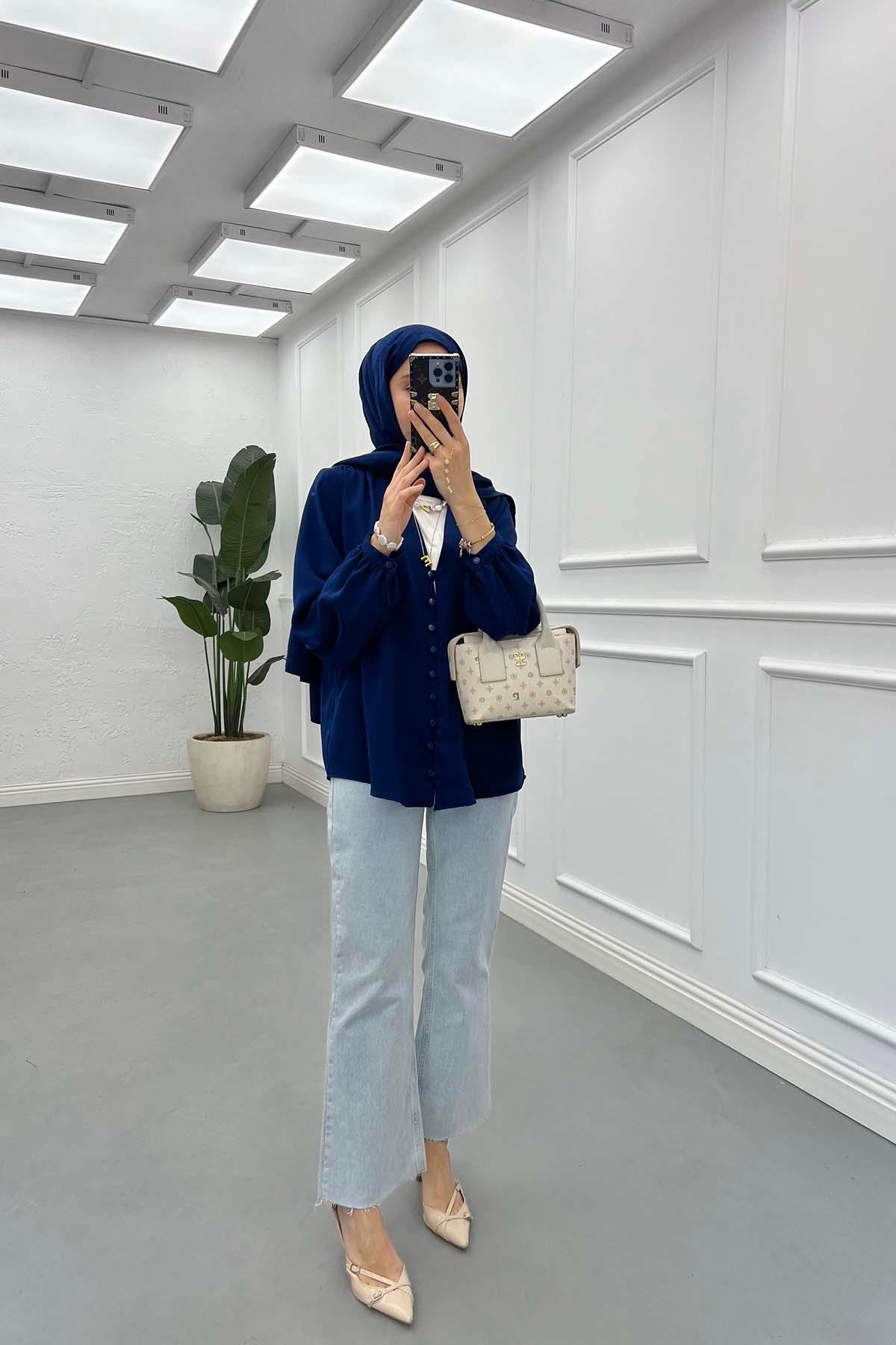 Sare Fashion Button Detailed Shirt Navy Blue