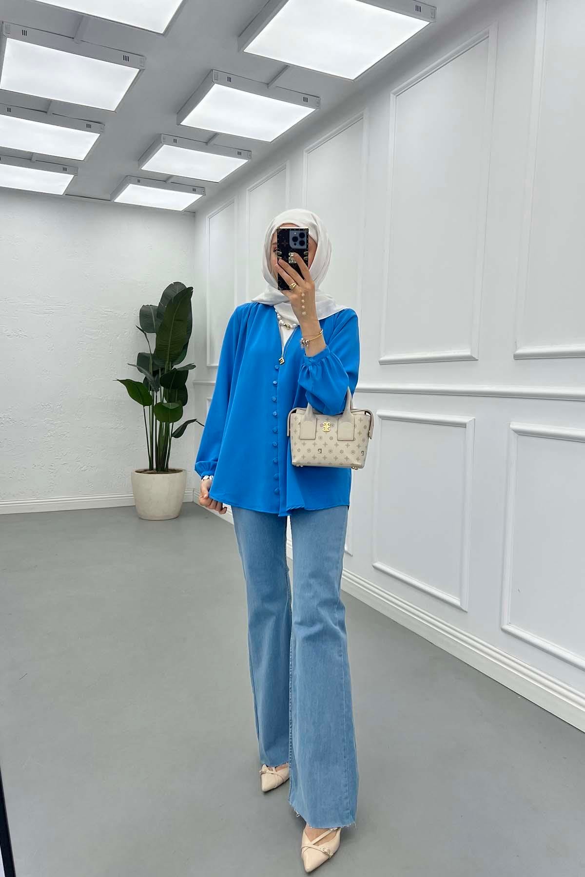 Sare Fashion Button Detailed Shirt Blue
