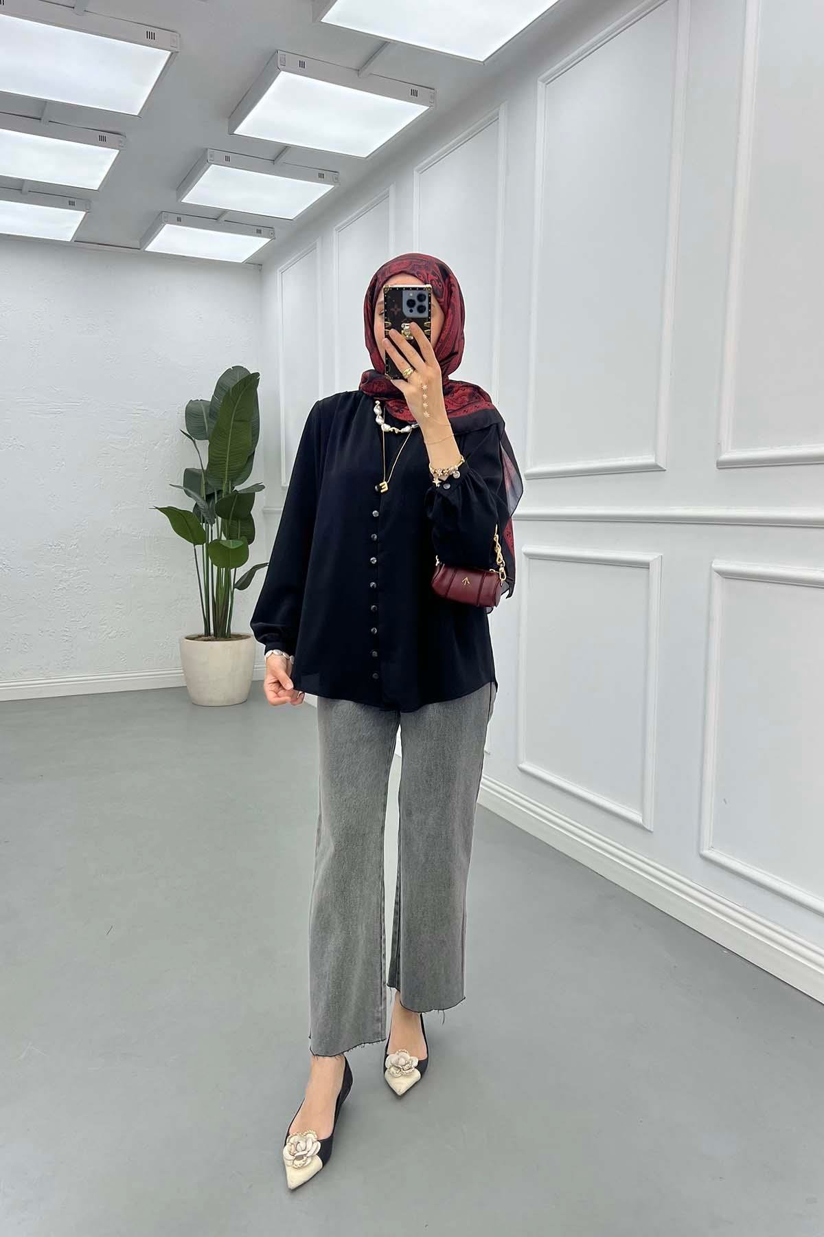Sare Fashion Button Detailed Shirt Black