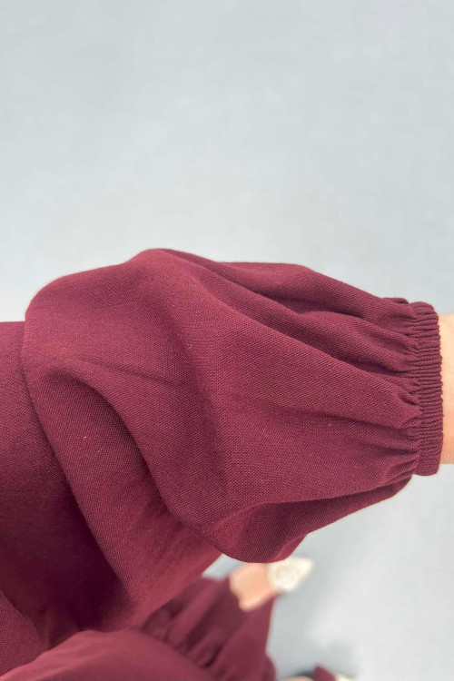 Sare Fashion Button Detailed Elastic Sleeve Set Claret Red