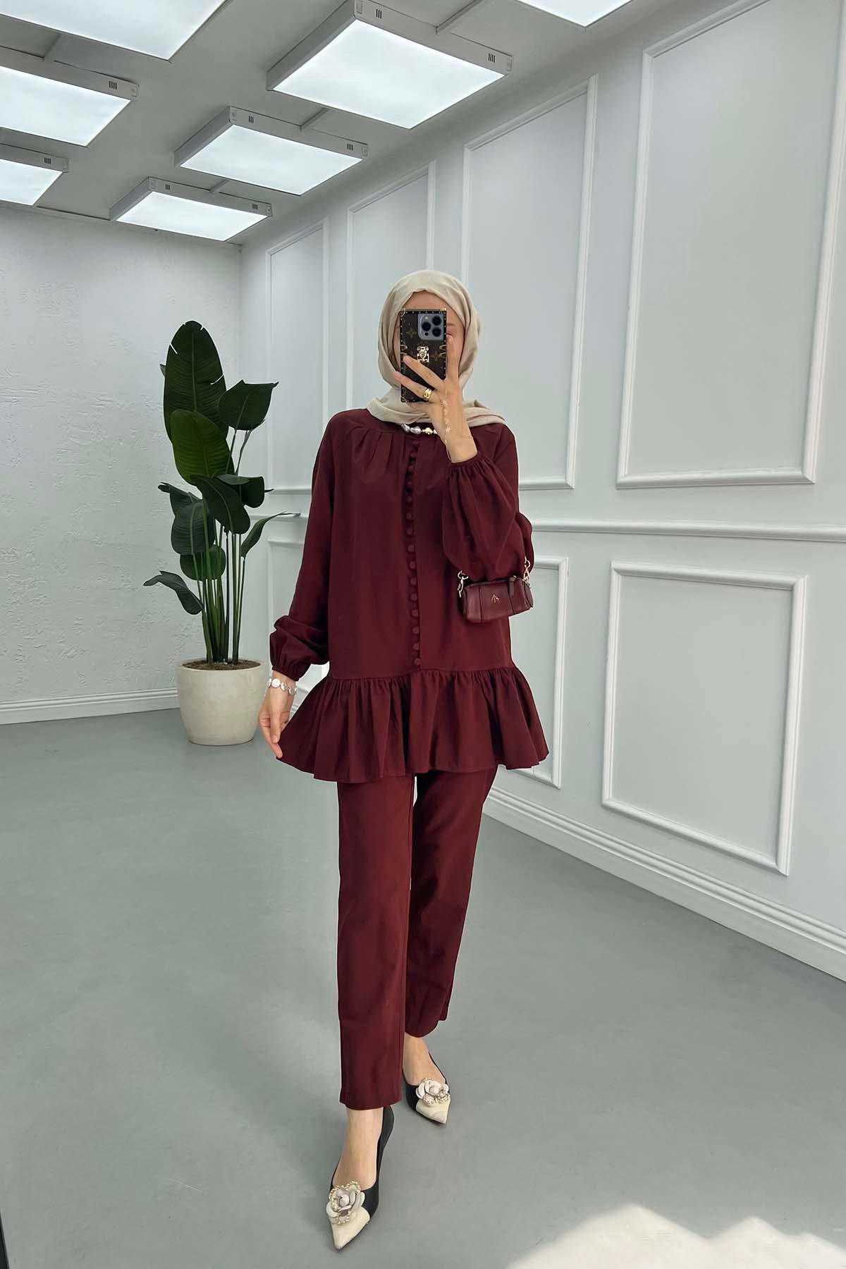 Sare Fashion Button Detailed Elastic Sleeve Set Claret Red