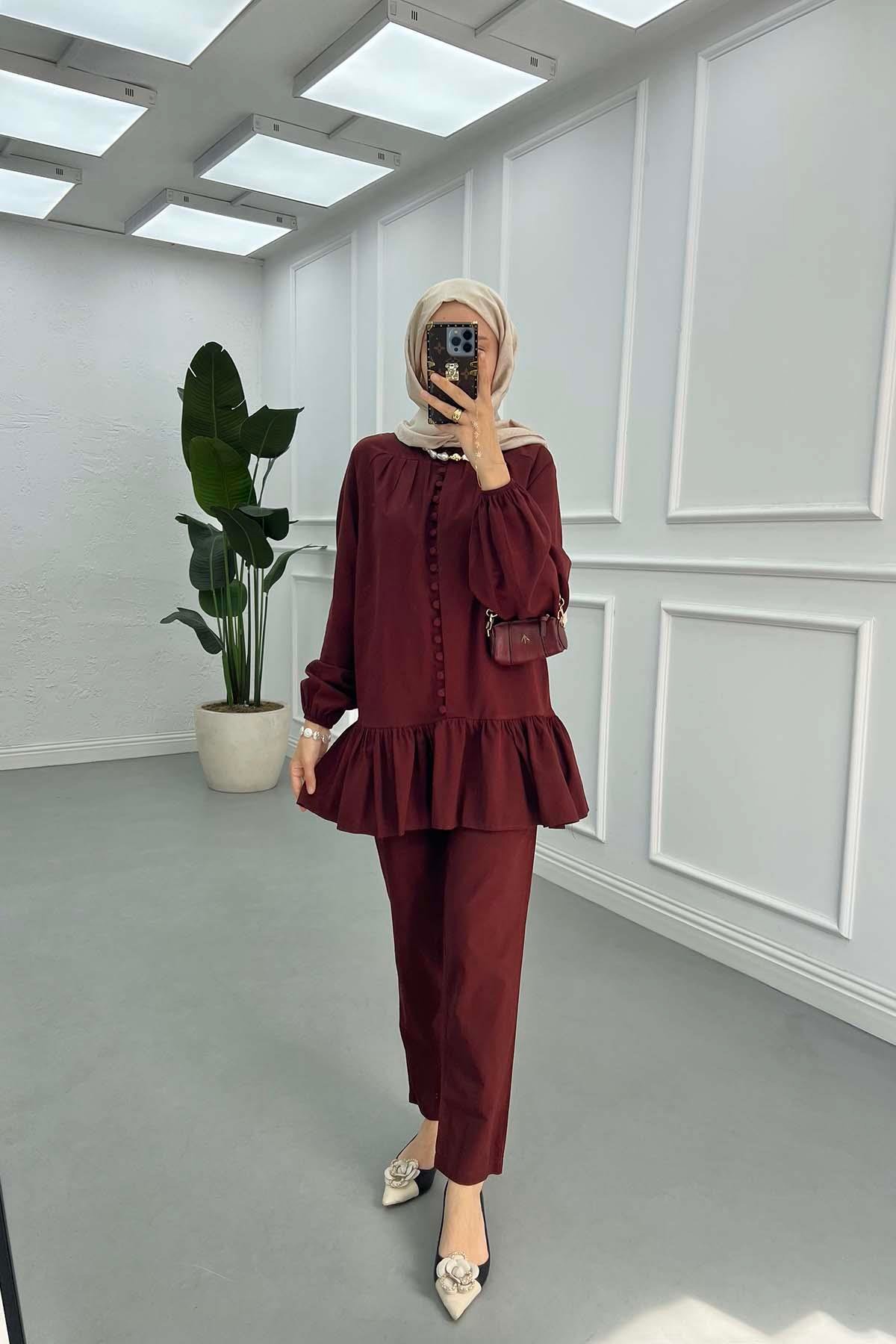 Sare Fashion Button Detailed Elastic Sleeve Set Claret Red