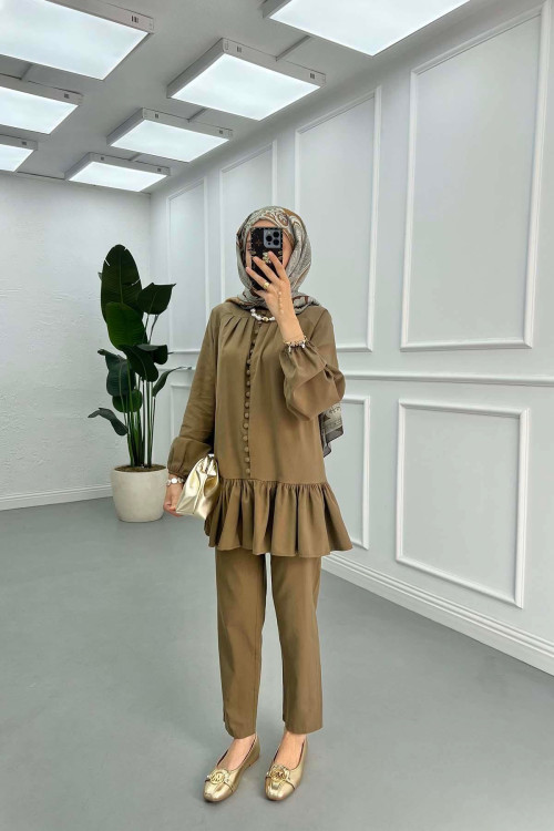 Sare Fashion Button Detailed Elastic Sleeve Suit Khaki