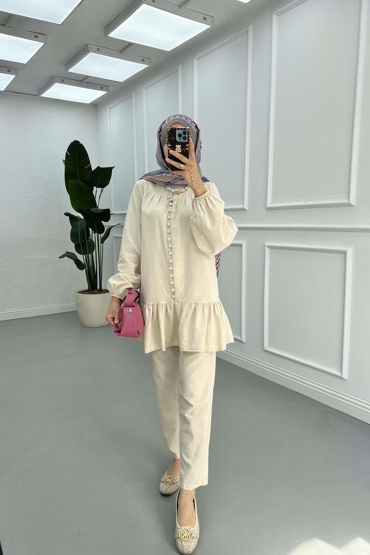 Sare Fashion Button Detailed Elastic Handle Set Stone