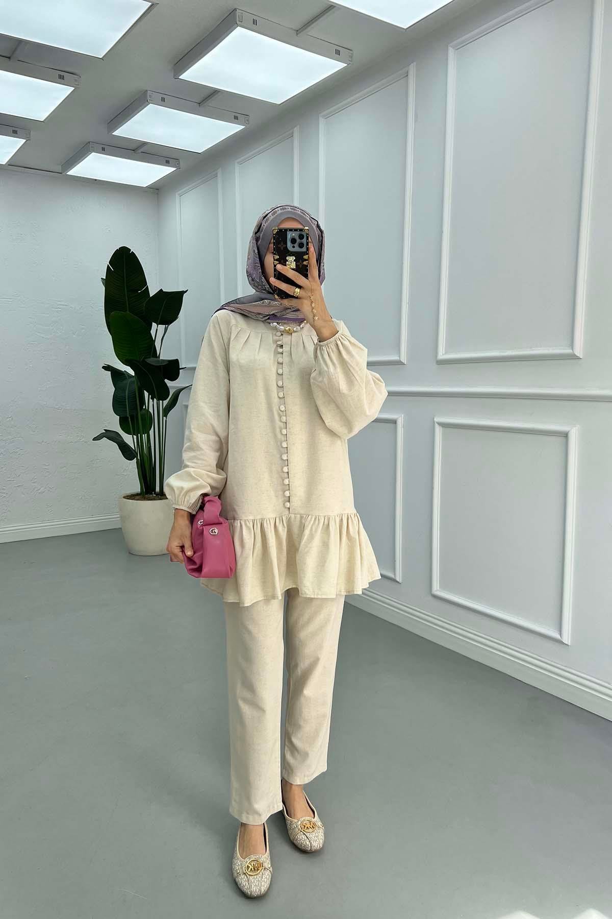 Sare Fashion Button Detailed Elastic Handle Set Stone