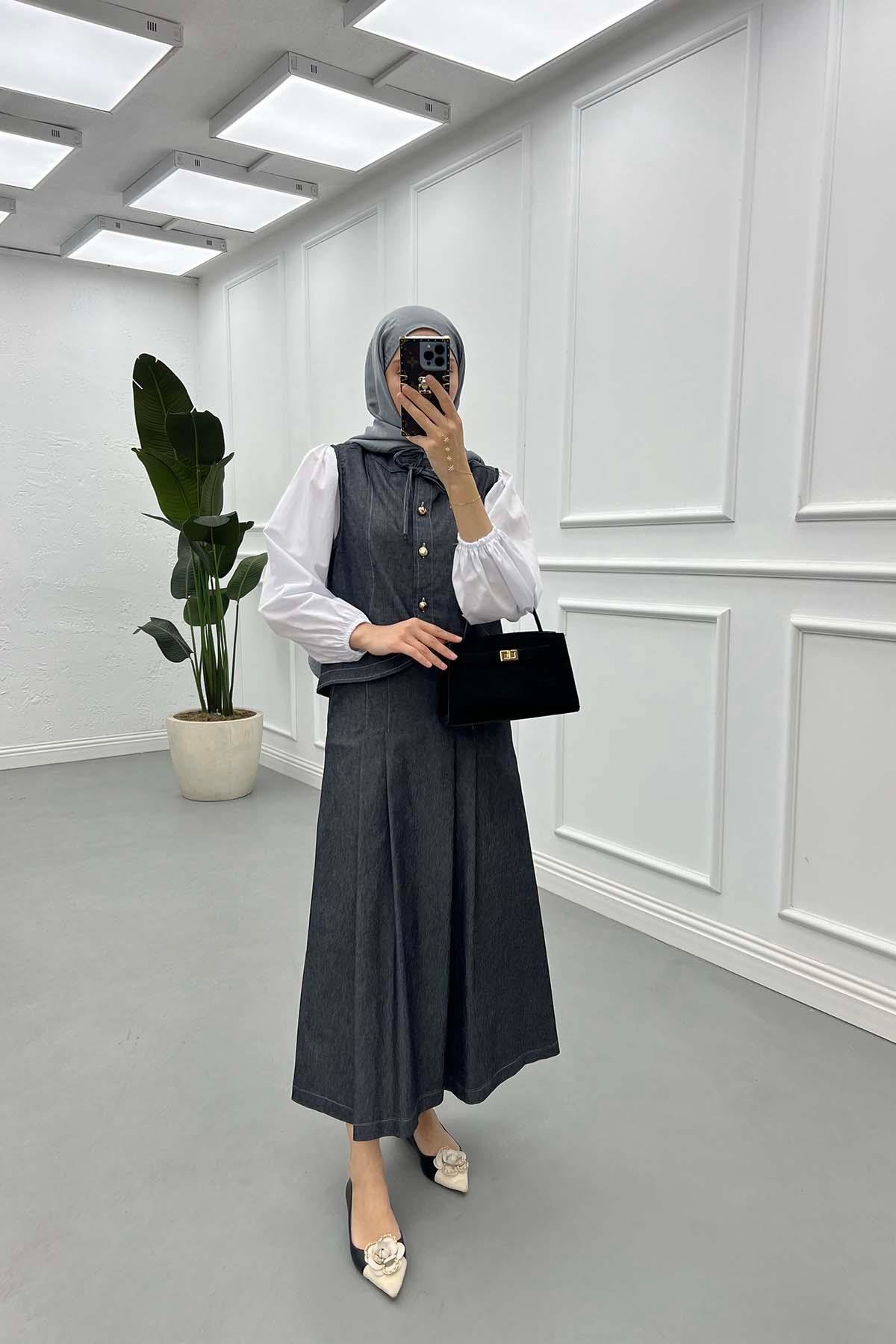 Sare Fashion Button Detailed Denim Vest Set Anthracite