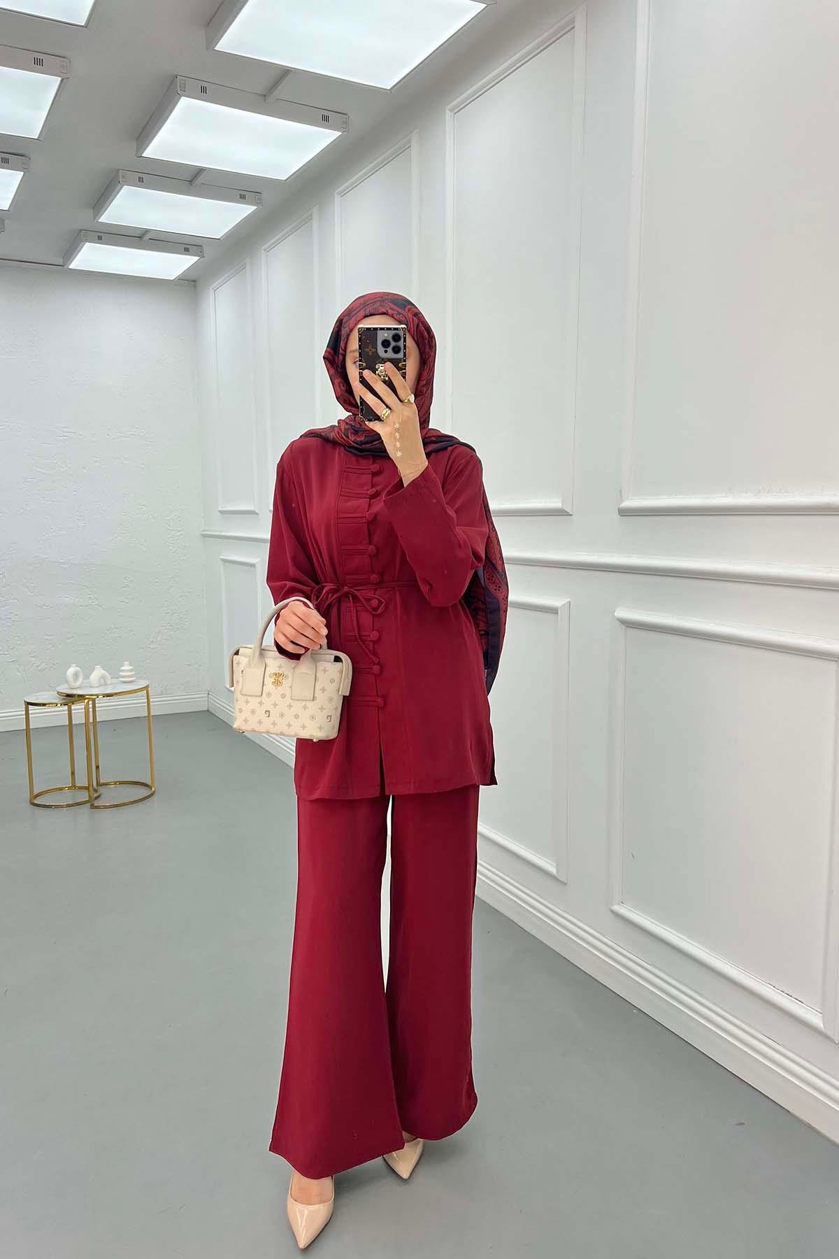 Sare Fashion Button Detailed Trouser Suit Claret Red