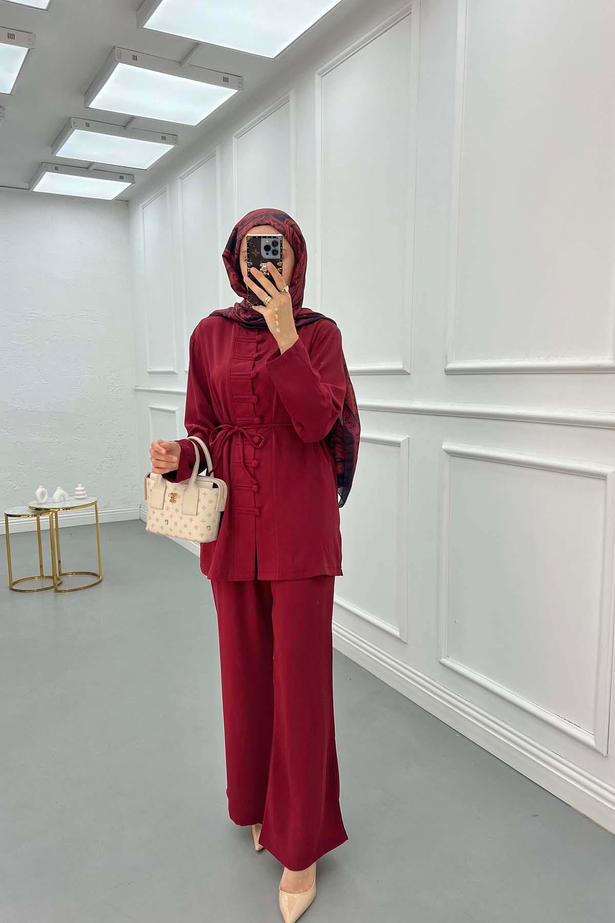 Sare Fashion Button Detailed Trouser Suit Claret Red