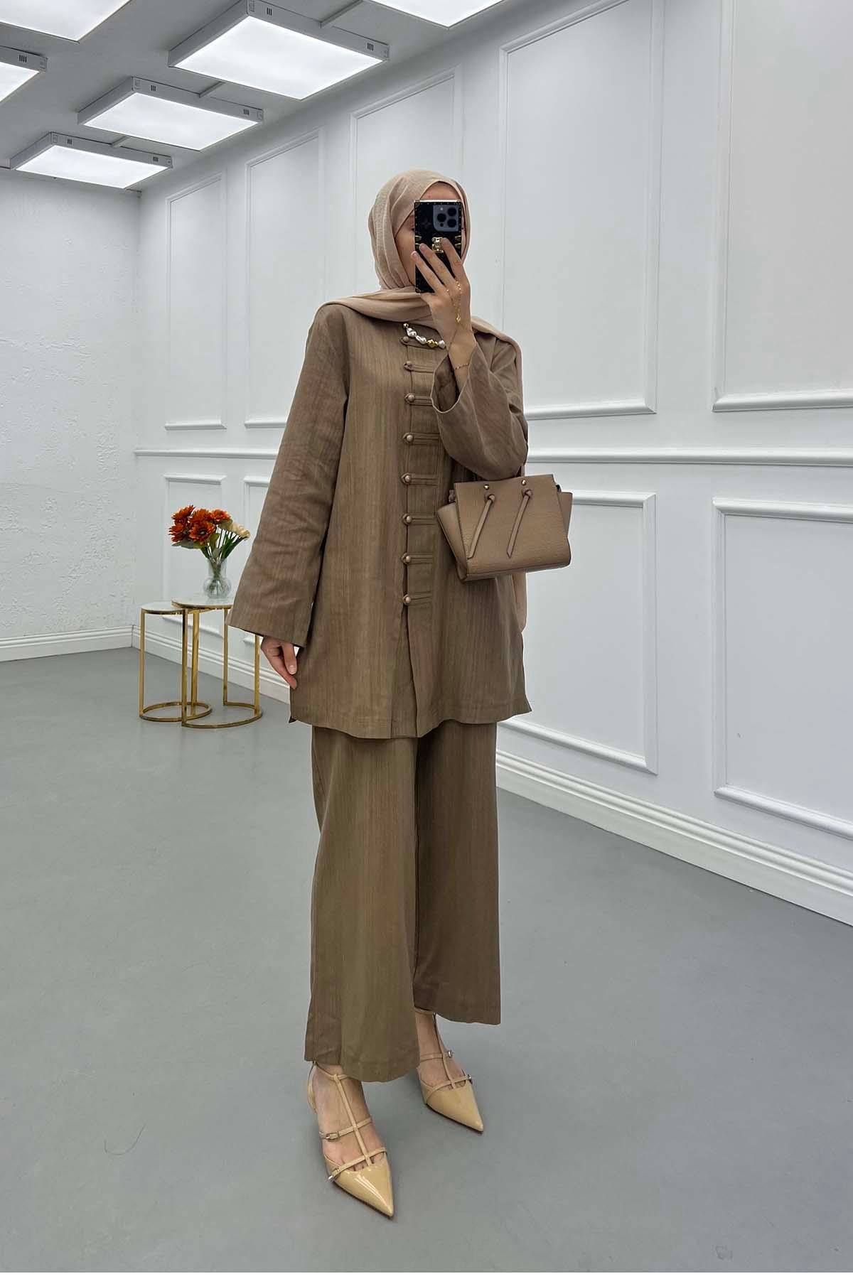 Sare Fashion Button Detailed Trouser Suit Khaki