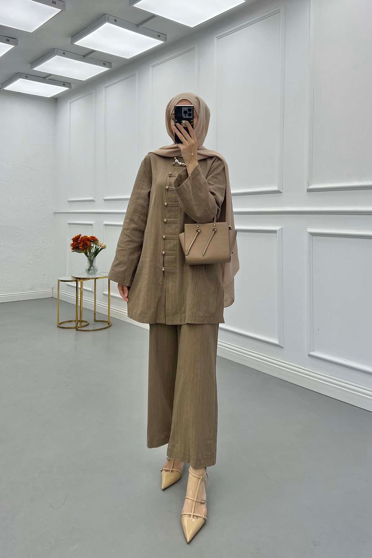 Sare Fashion Button Detailed Trouser Suit Khaki