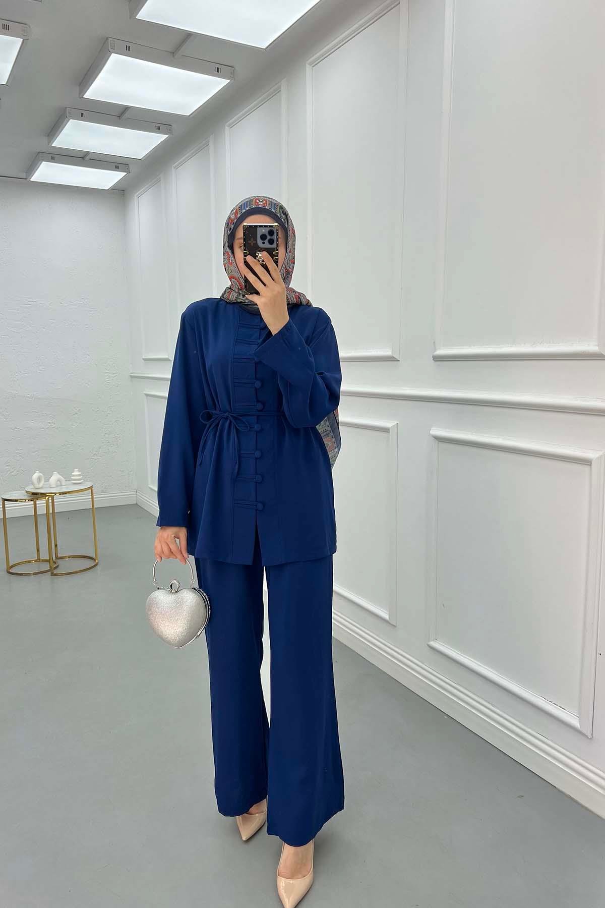 Sare Fashion Button Detailed Trouser Suit Navy Blue