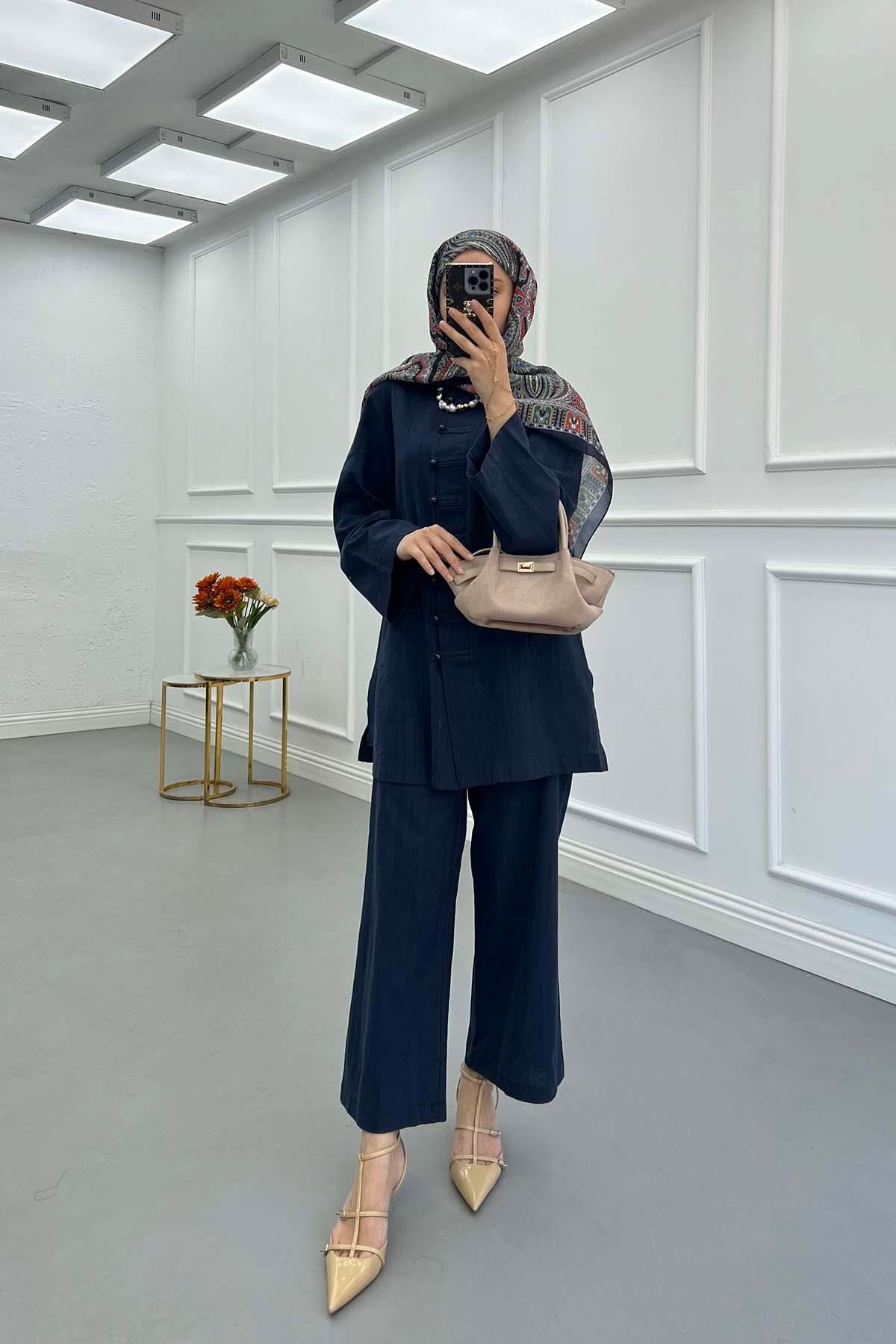 Sare Fashion Button Detailed Trouser Suit Navy Blue