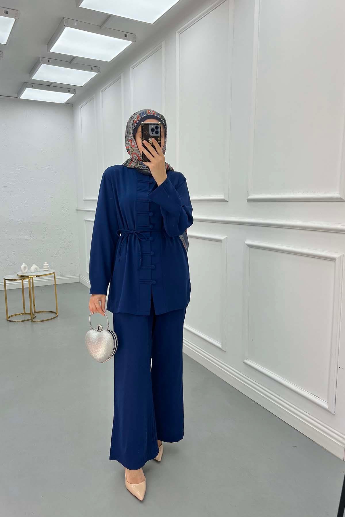 Sare Fashion Button Detailed Trouser Suit Navy Blue