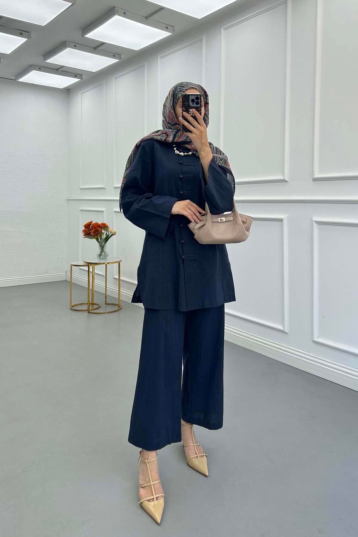 Sare Fashion Button Detailed Trouser Suit Navy Blue