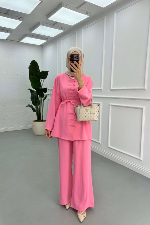Sare Fashion Button Detailed Trouser Suit Pink