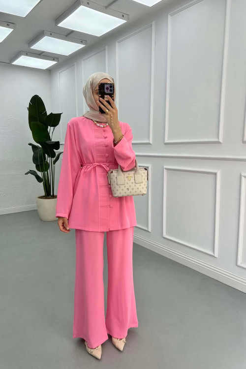 Sare Fashion Button Detailed Trouser Suit Pink