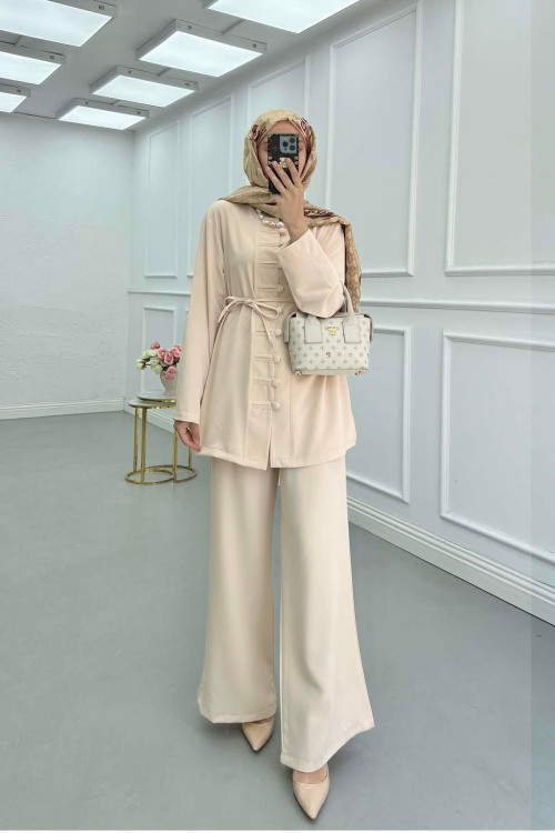 Sare Fashion Button Detailed Trouser Suit Powder