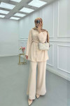 Sare Fashion Button Detailed Trouser Suit Powder