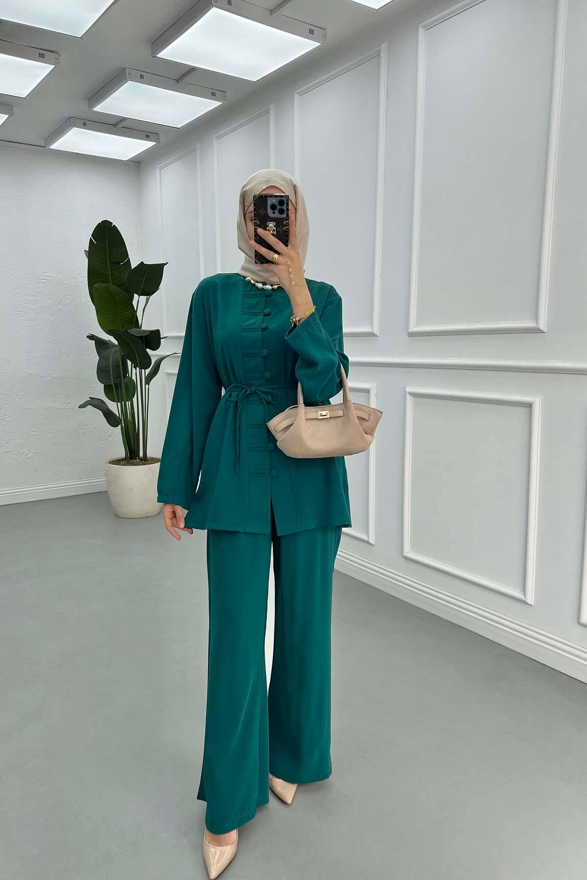 Sare Fashion Button Detailed Trouser Suit Green