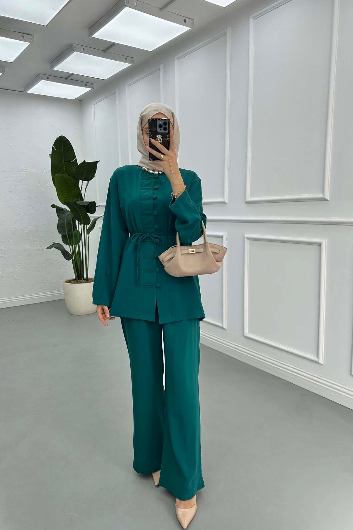 Sare Fashion Button Detailed Trouser Suit Green