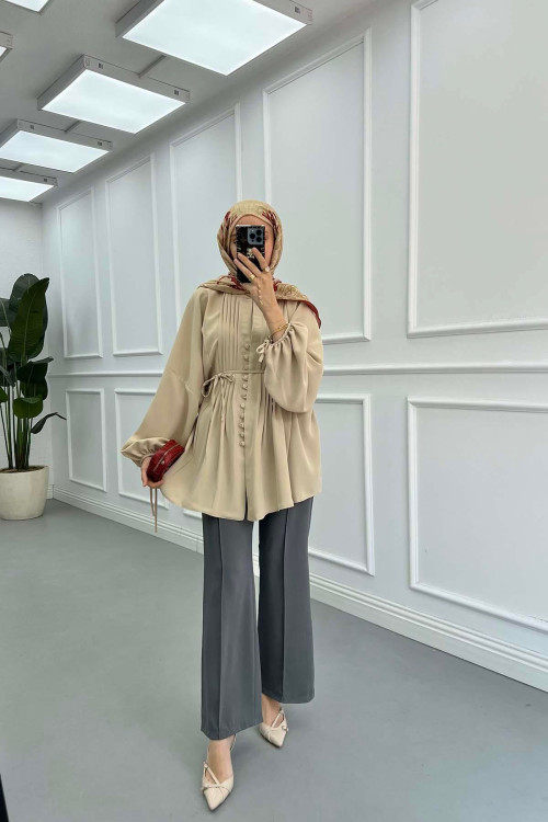 Sare Fashion Button Detailed Pleated Shirt Beige