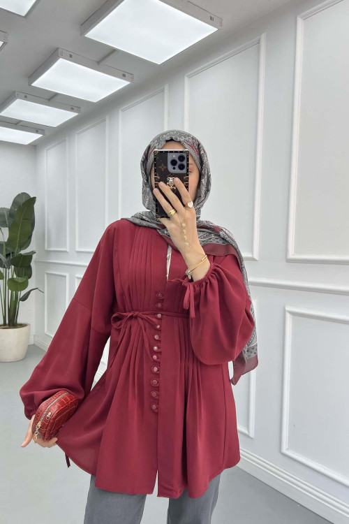 Sare Fashion Button Detailed Pleated Shirt Claret Red