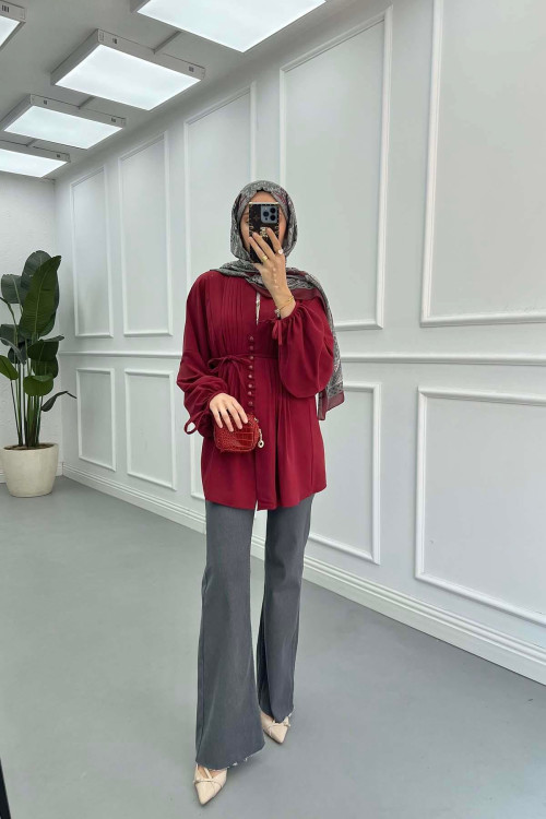 Sare Fashion Button Detailed Pleated Shirt Claret Red