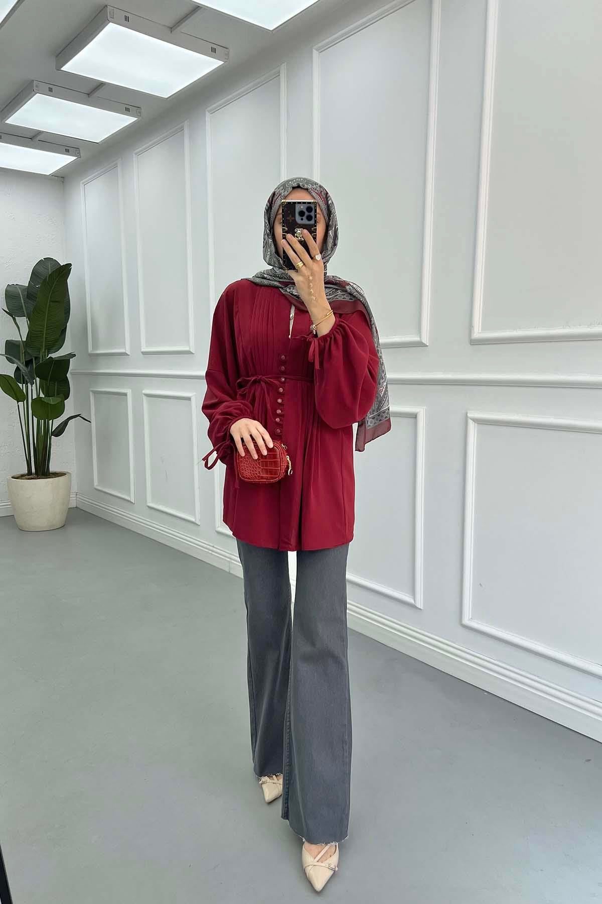 Sare Fashion Button Detailed Pleated Shirt Claret Red
