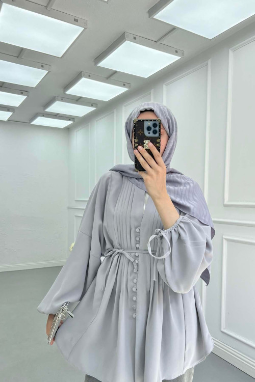Sare Fashion Button Detailed Pleated Shirt Gray