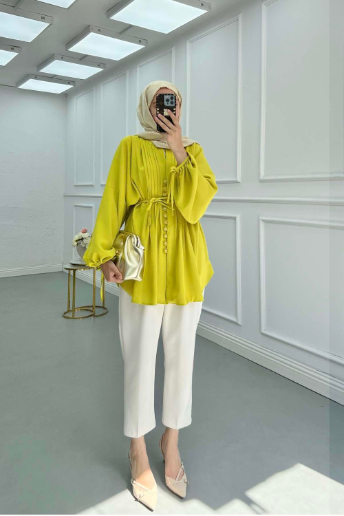 Sare Fashion Button Detail Pleated Shirt Mustard Yellow