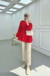 Sare Fashion Button Detail Pleated Shirt Red