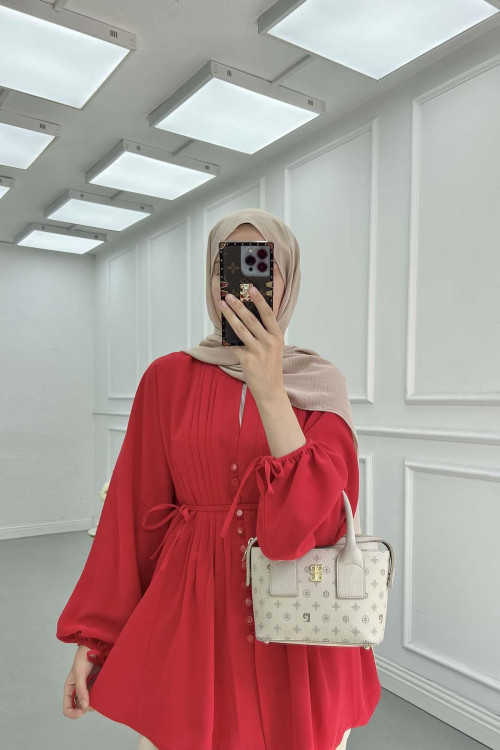 Sare Fashion Button Detail Pleated Shirt Red