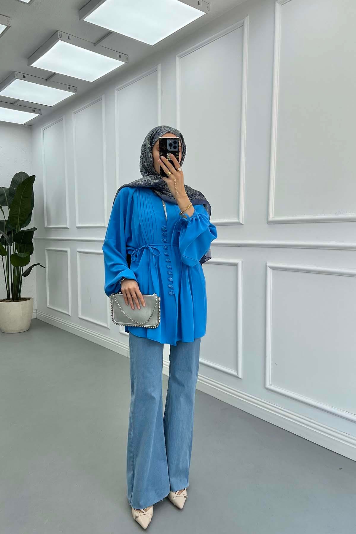 Sare Fashion Button Detail Pleated Shirt Blue