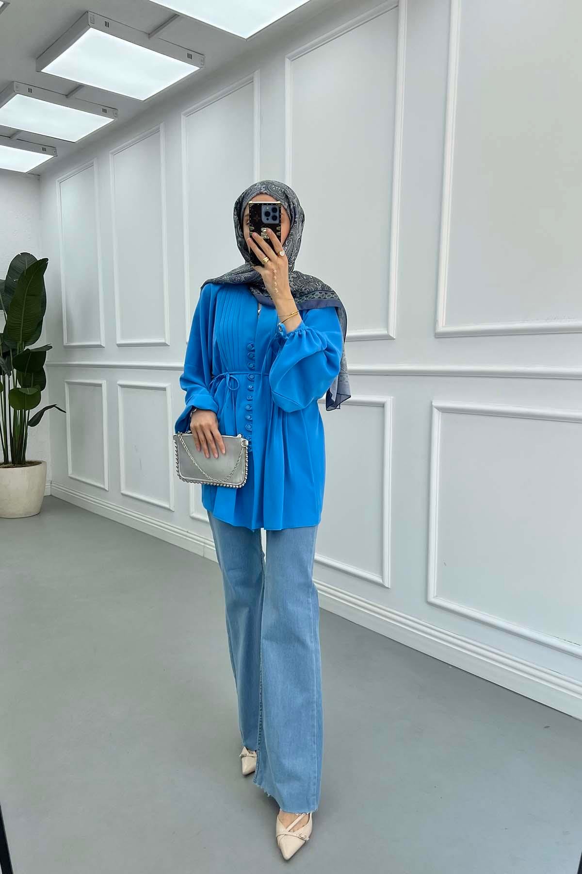 Sare Fashion Button Detail Pleated Shirt Blue