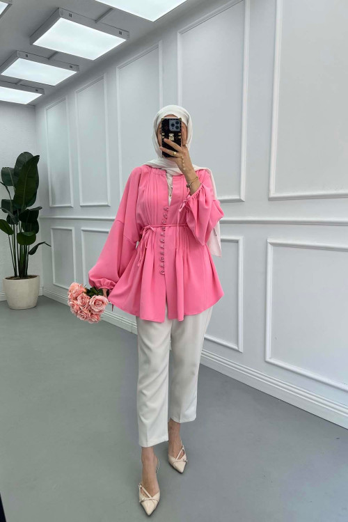 Sare Fashion Button Detail Pleated Shirt Pink