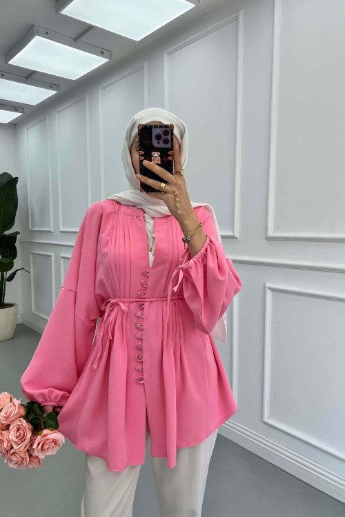Sare Fashion Button Detail Pleated Shirt Pink