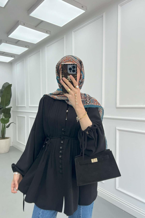 Sare Fashion Button Detailed Pleated Shirt Black