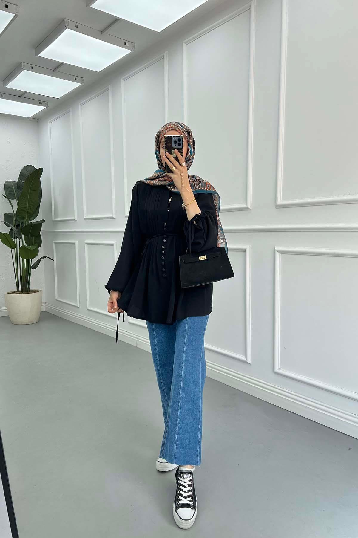 Sare Fashion Button Detailed Pleated Shirt Black