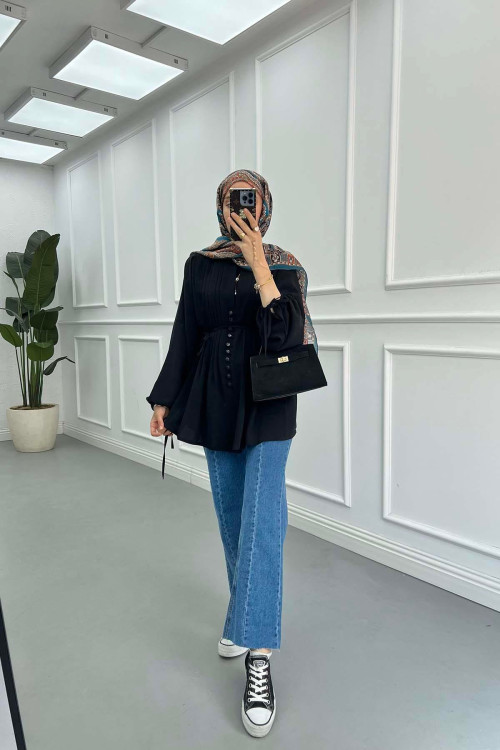 Sare Fashion Button Detailed Pleated Shirt Black