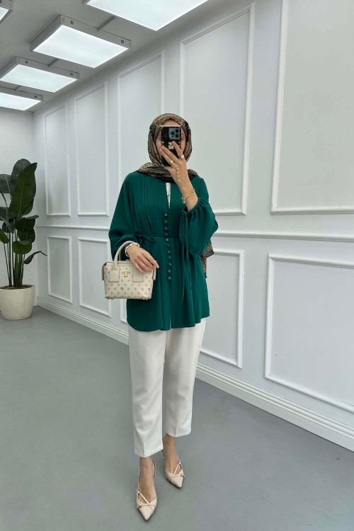Sare Fashion Button Detail Pleated Shirt Emerald Green