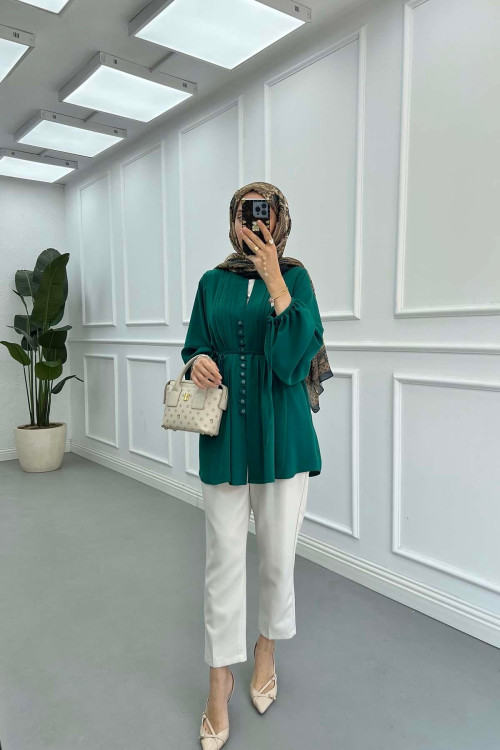 Sare Fashion Button Detail Pleated Shirt Emerald Green