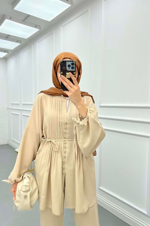 Sare Fashion Button Detailed Pleated Suit Beige