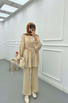 Sare Fashion Button Detailed Pleated Suit Beige