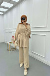 Sare Fashion Button Detailed Pleated Suit Beige