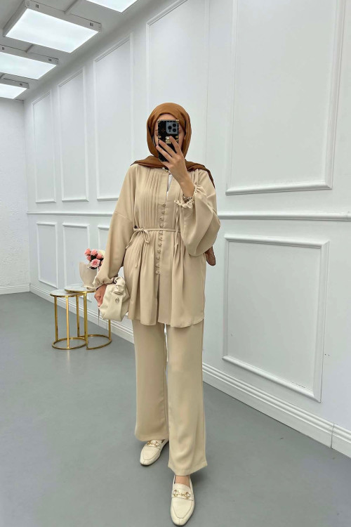 Sare Fashion Button Detailed Pleated Suit Beige