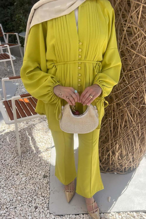 Sare Fashion Button Detailed Pleated Suit Mustard Yellow Sare Fashion Button Detailed Pleated Suit Mustard Yellow