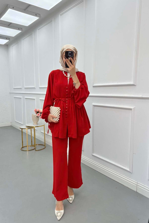 Sare Fashion Button Detailed Pleated Suit Red